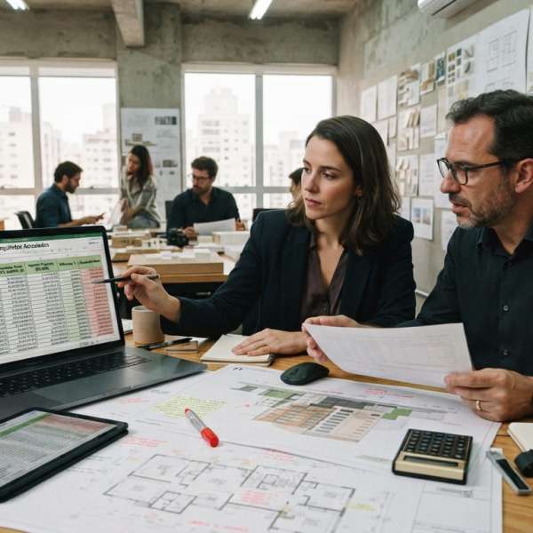 Reforma tributária para arquitetos: escritório analisando projetos e planilhas financeiras