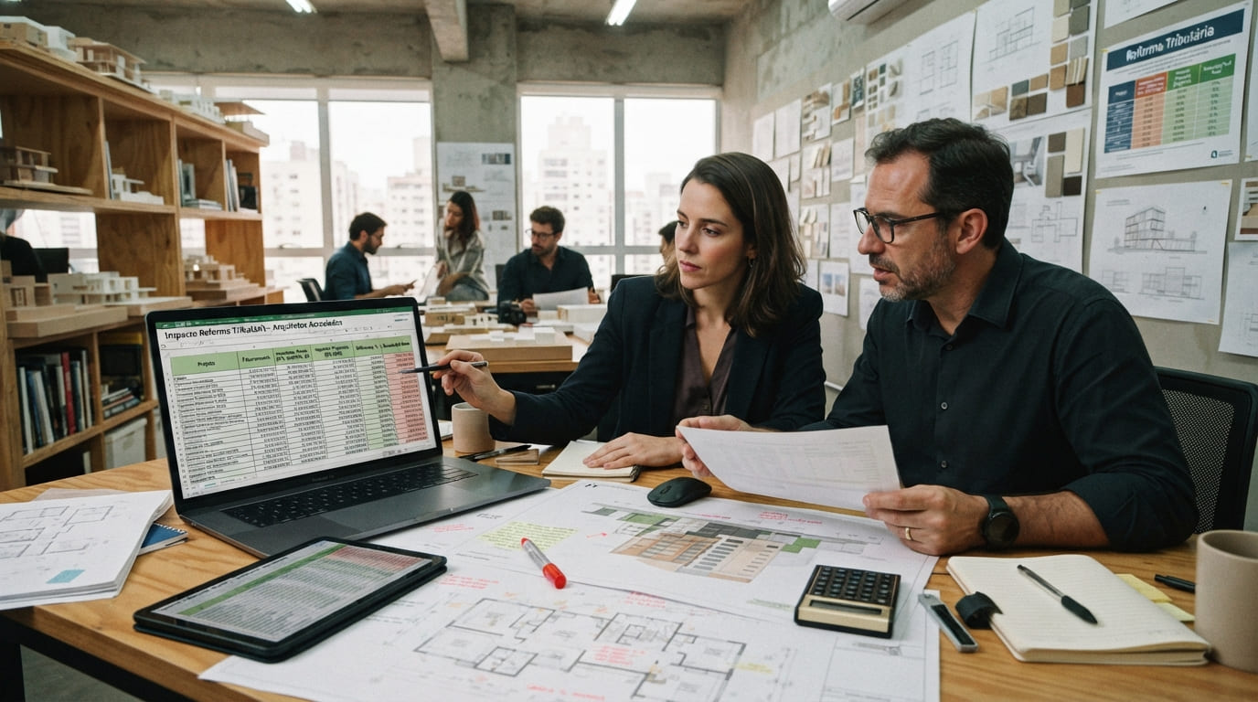 Reforma tributária para arquitetos: escritório analisando projetos e planilhas financeiras