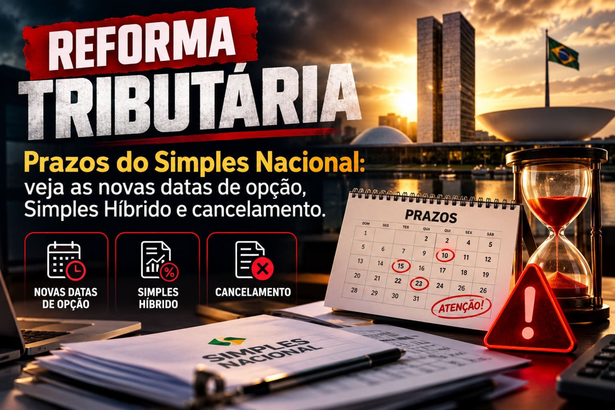 Calendário com datas marcadas sobre mesa de escritório, representando os novos prazos do Simples Nacional