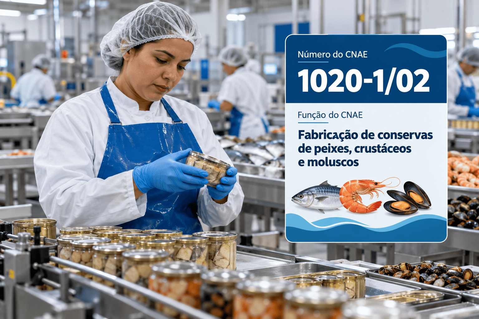 Latas de sardinha numa linha de envase de fábrica de conservas, ilustrando o CNAE 1020-1/02