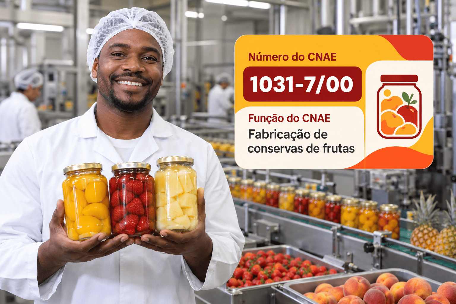 Potes de geleia e doces de frutas numa bancada de produção, ilustrando o CNAE 1031-7/00