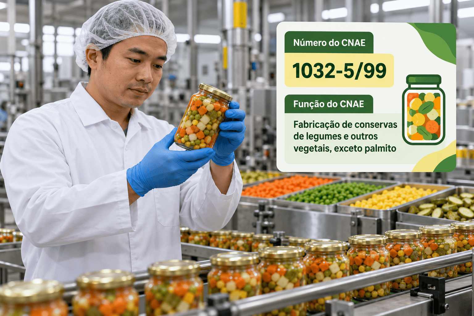 Potes de picles e pacotes de legumes congelados numa linha de produção, ilustrando o CNAE 1032-5/99