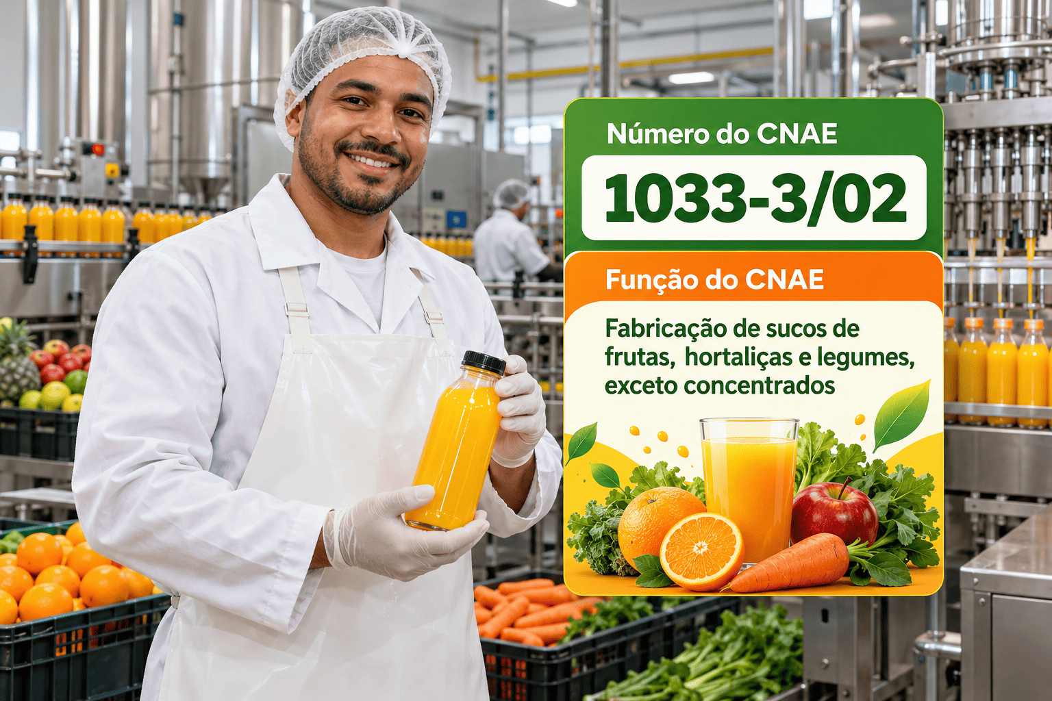Garrafas de suco integral numa linha de envase, ilustrando o CNAE 1033-3/02