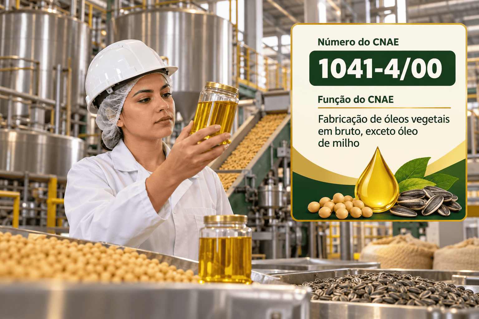 Silos e extratores de uma indústria de esmagamento de soja, ilustrando o CNAE 1041-4/00