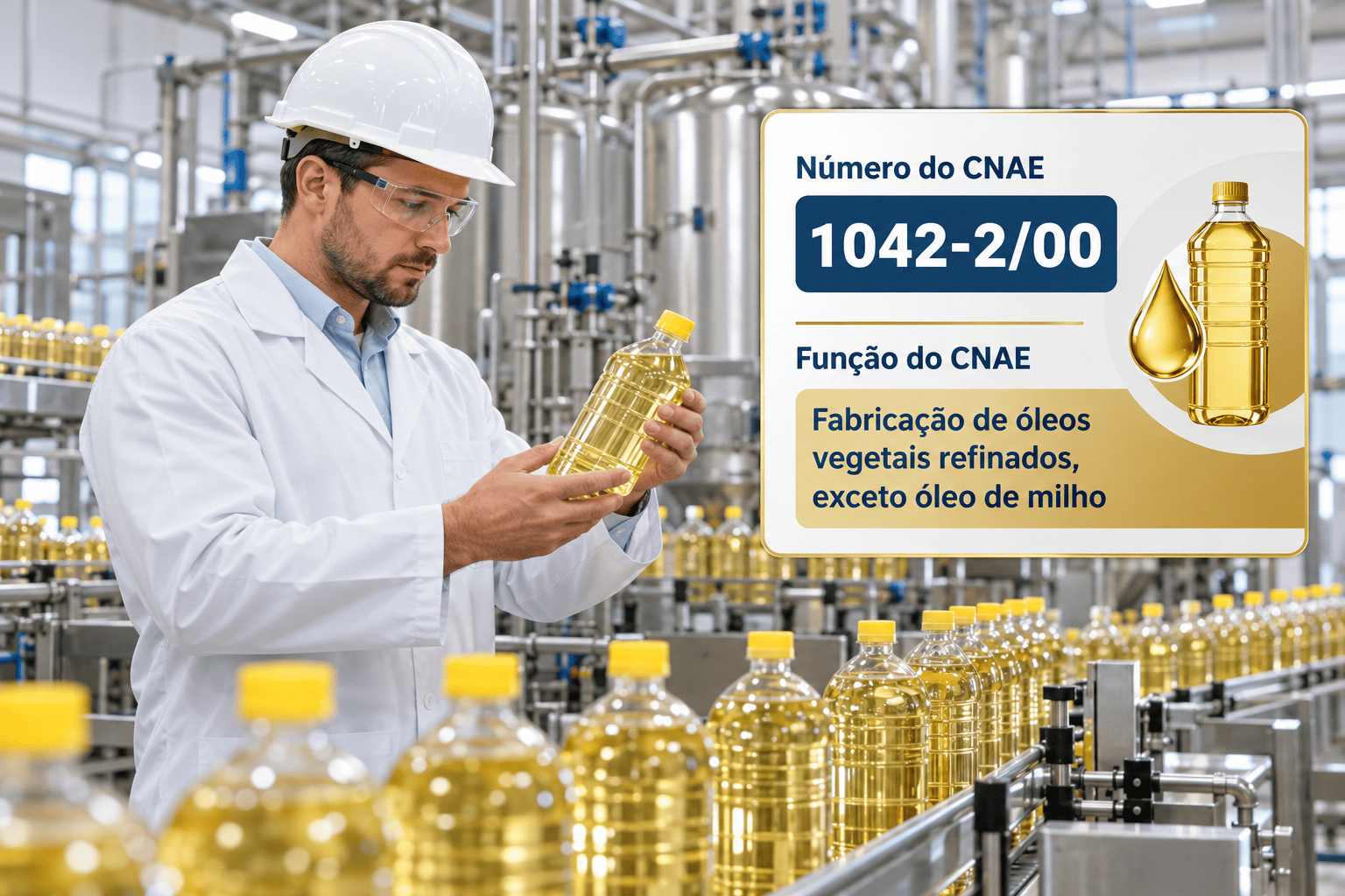 Garrafas de óleo de soja numa linha de envase de refinaria, ilustrando o CNAE 1042-2/00