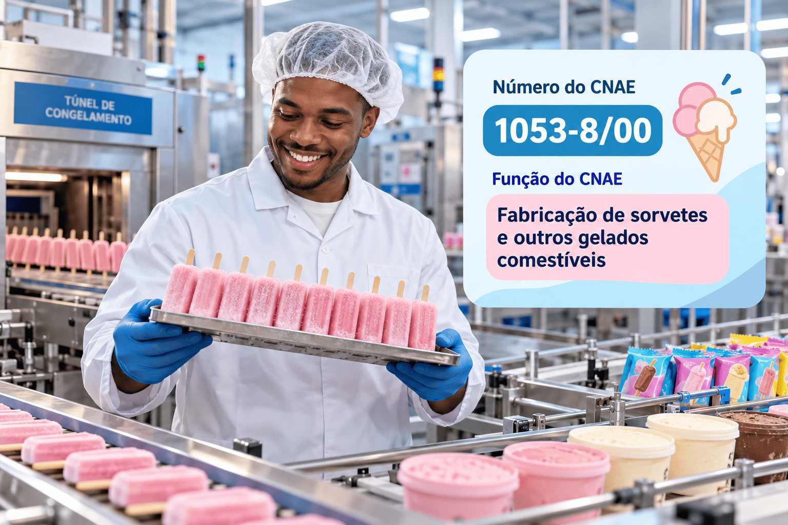Picolés e potes de sorvete numa linha de produção de fábrica, ilustrando o CNAE 1053-8/00