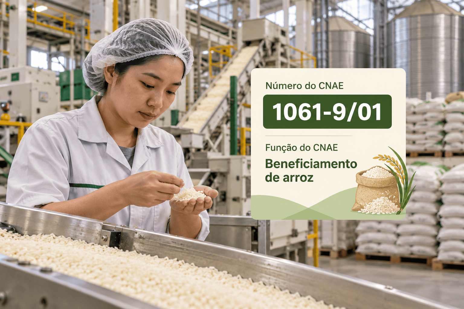 Máquinas de beneficiamento e pacotes de arroz num engenho, ilustrando o CNAE 1061-9/01