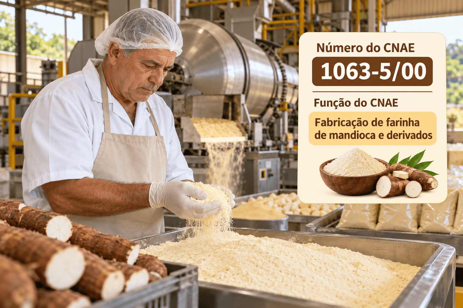 Forno de torração numa casa de farinha de mandioca, ilustrando o CNAE 1063-5/00