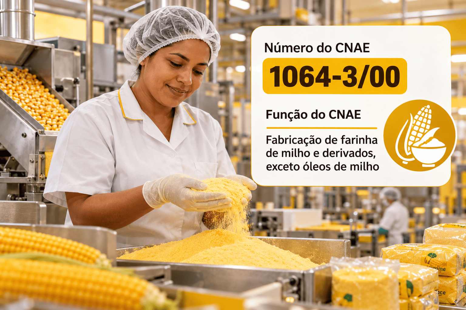 Pacotes de fubá e flocão de milho numa linha de empacotamento, ilustrando o CNAE 1064-3/00