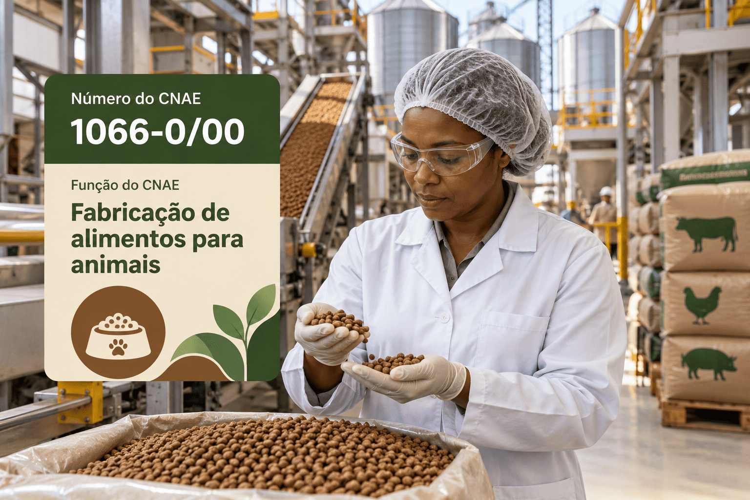 Sacos de ração empilhados numa fábrica de alimentos pra animais, ilustrando o CNAE 1066-0/00
