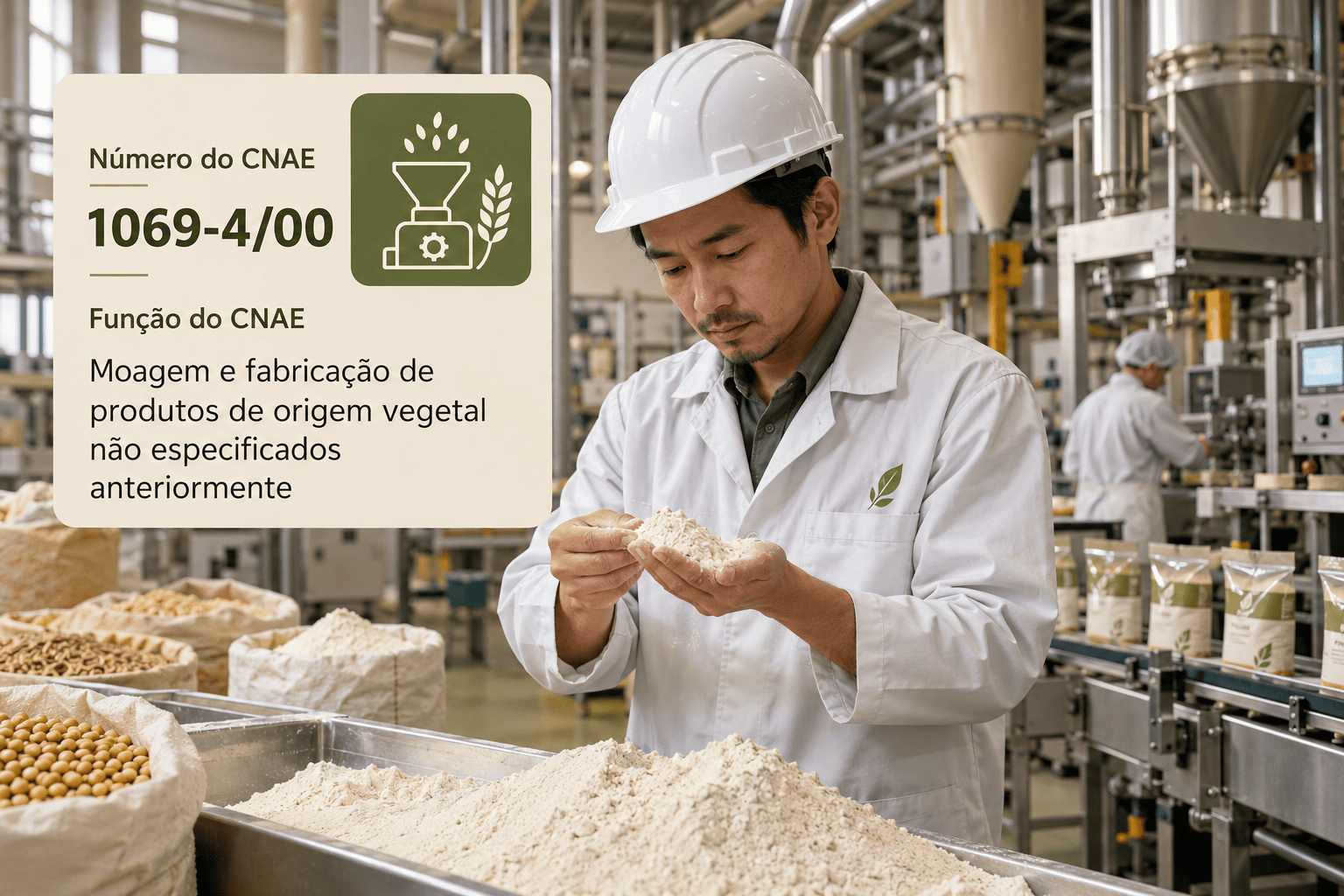 Pacotes de farinhas especiais e flocos de aveia numa fábrica, ilustrando o CNAE 1069-4/00