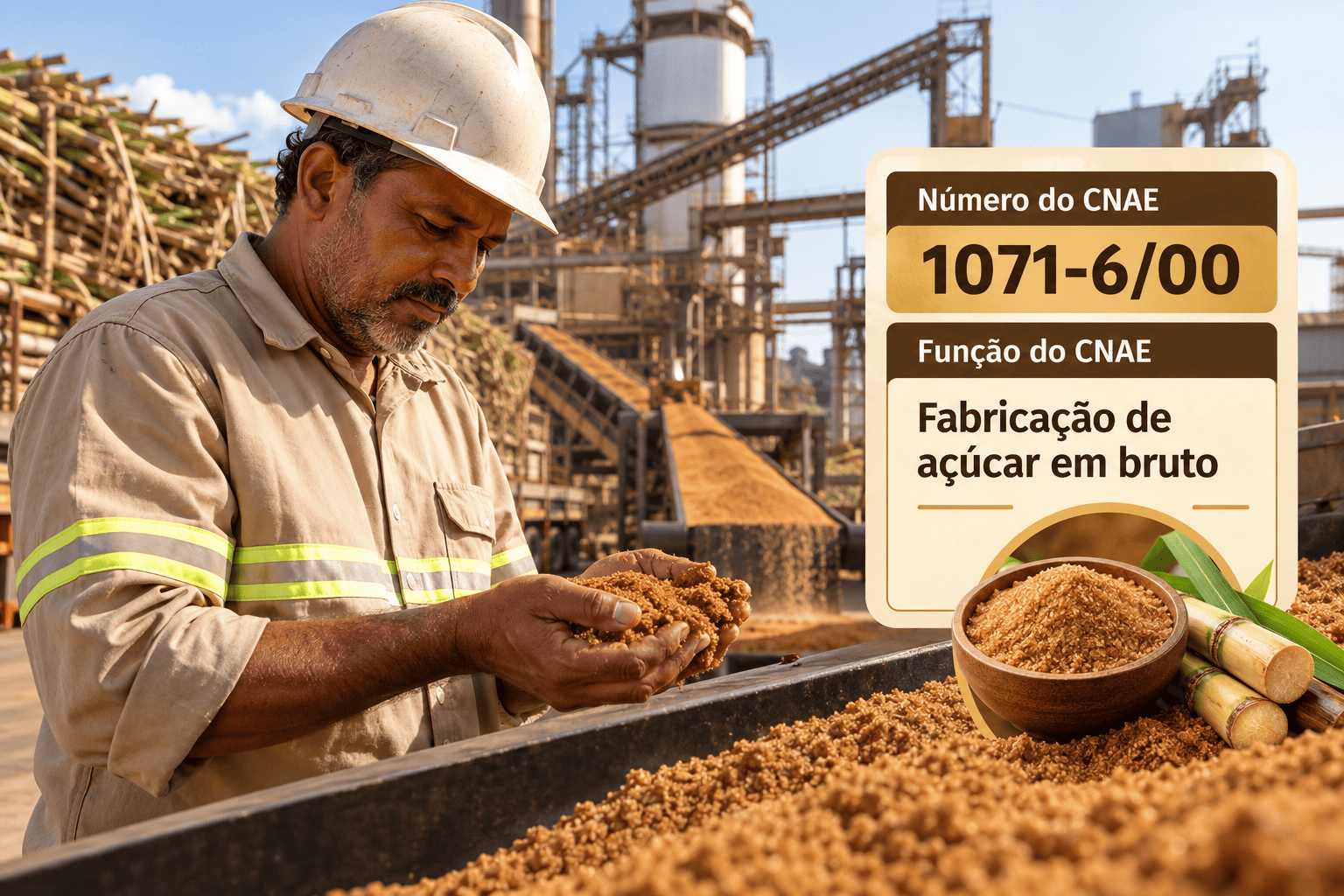 Usina de açúcar com cana sendo descarregada na moenda, ilustrando o CNAE 1071-6/00
