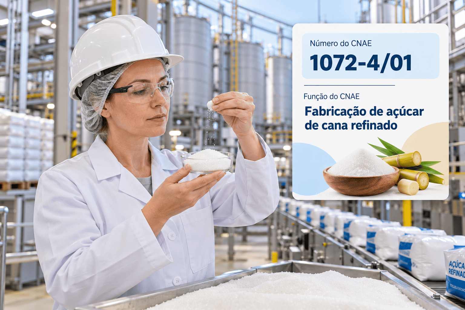 Pacotes de açúcar refinado numa linha de empacotamento, ilustrando o CNAE 1072-4/01