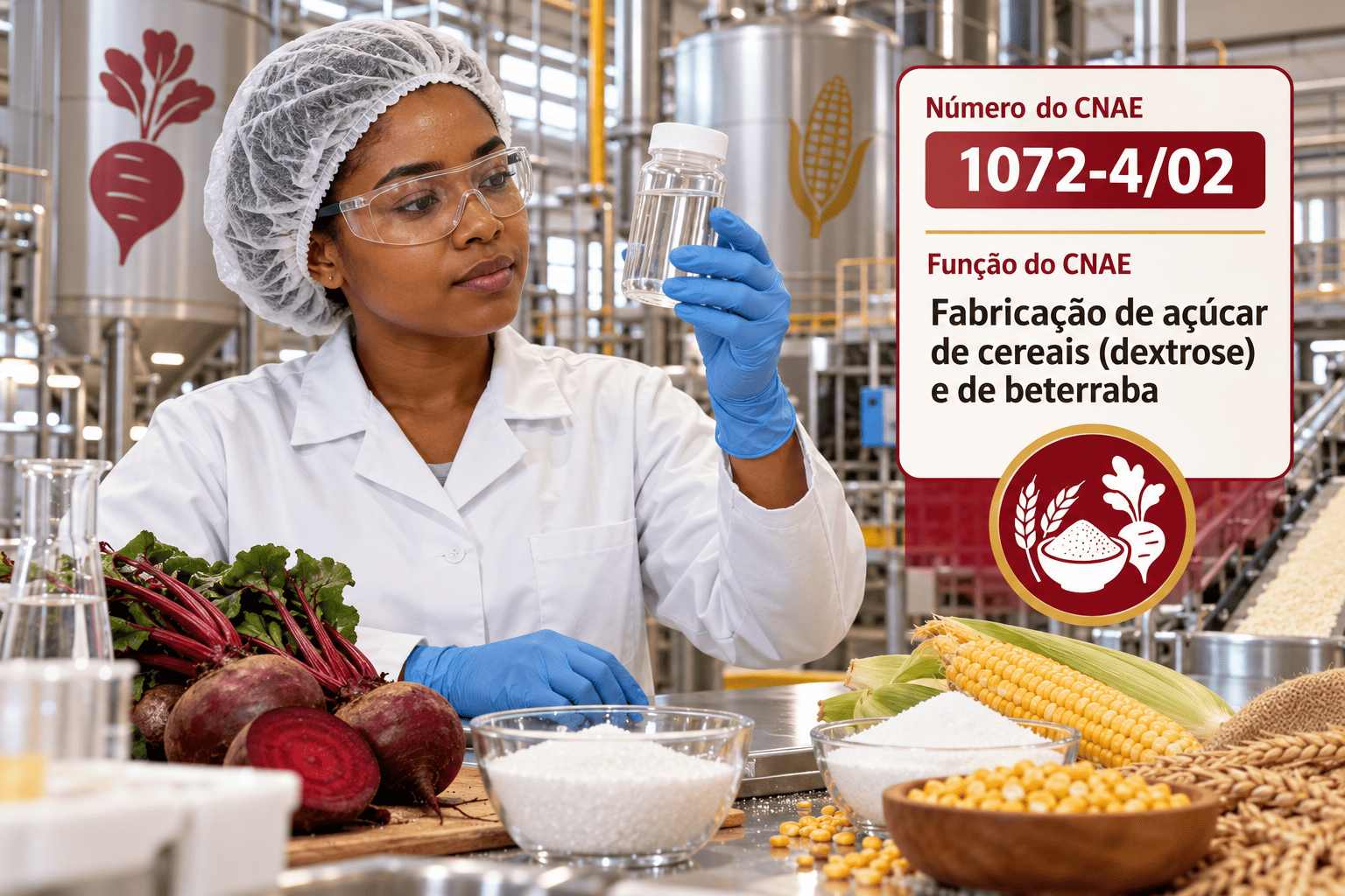 Sacos de dextrose numa indústria de derivados de milho, ilustrando o CNAE 1072-4/02
