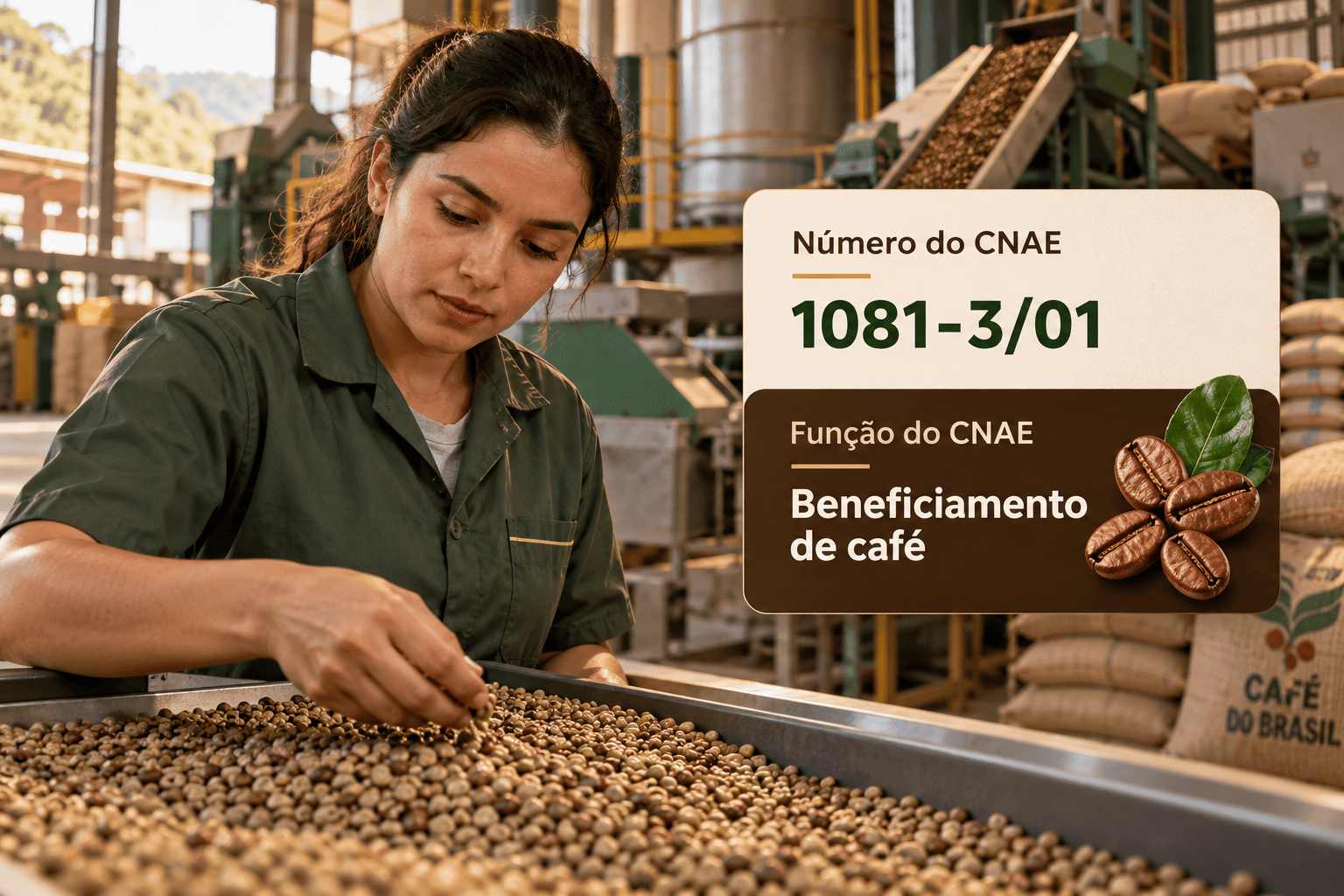 Sacas de café cru empilhadas num armazém de beneficiamento, ilustrando o CNAE 1081-3/01