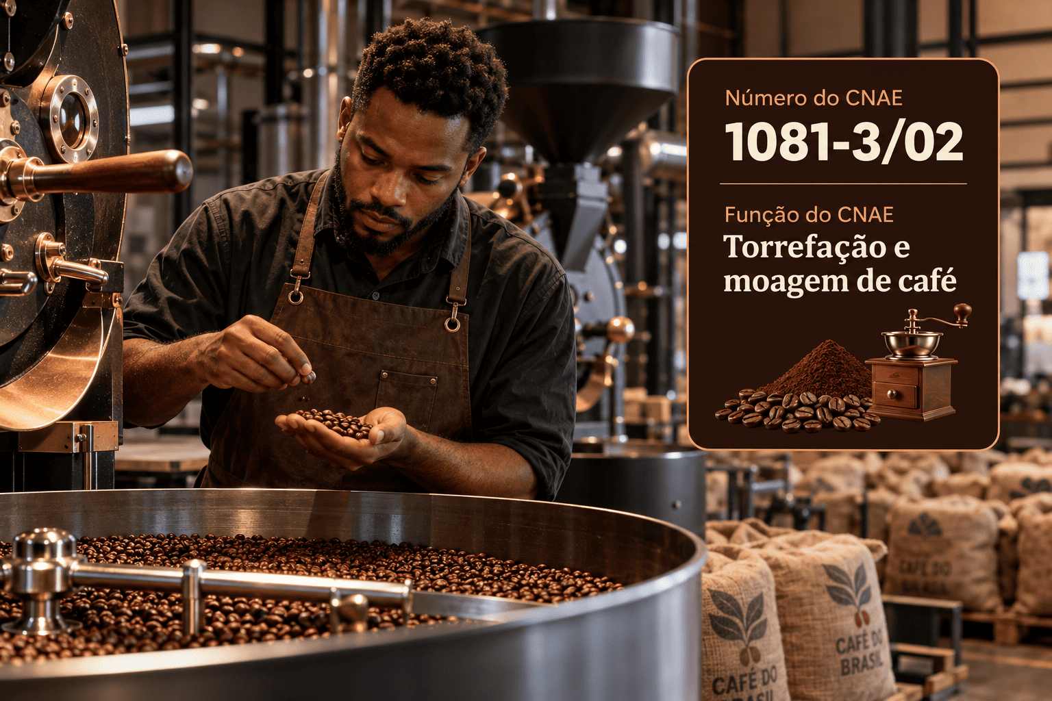 Torrador de café com grãos sendo resfriados numa torrefação, ilustrando o CNAE 1081-3/02