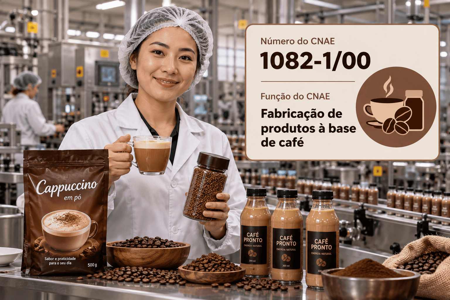 Potes de café solúvel numa linha de envase industrial, ilustrando o CNAE 1082-1/00