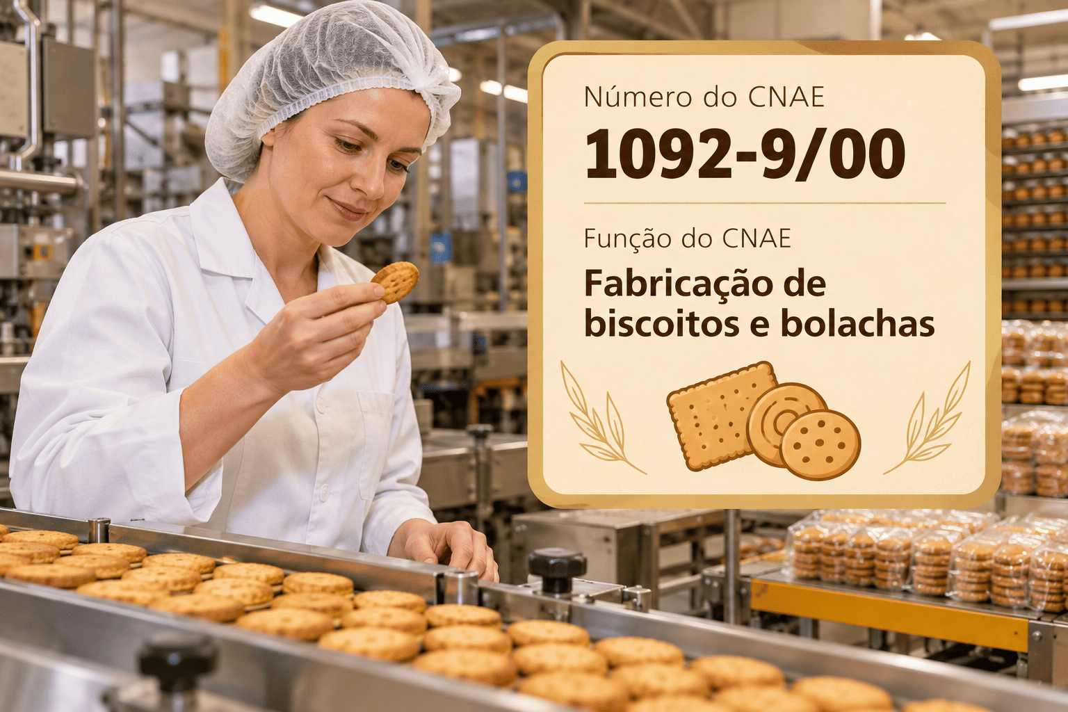 Biscoitos saindo do forno numa linha de produção, ilustrando o CNAE 1092-9/00