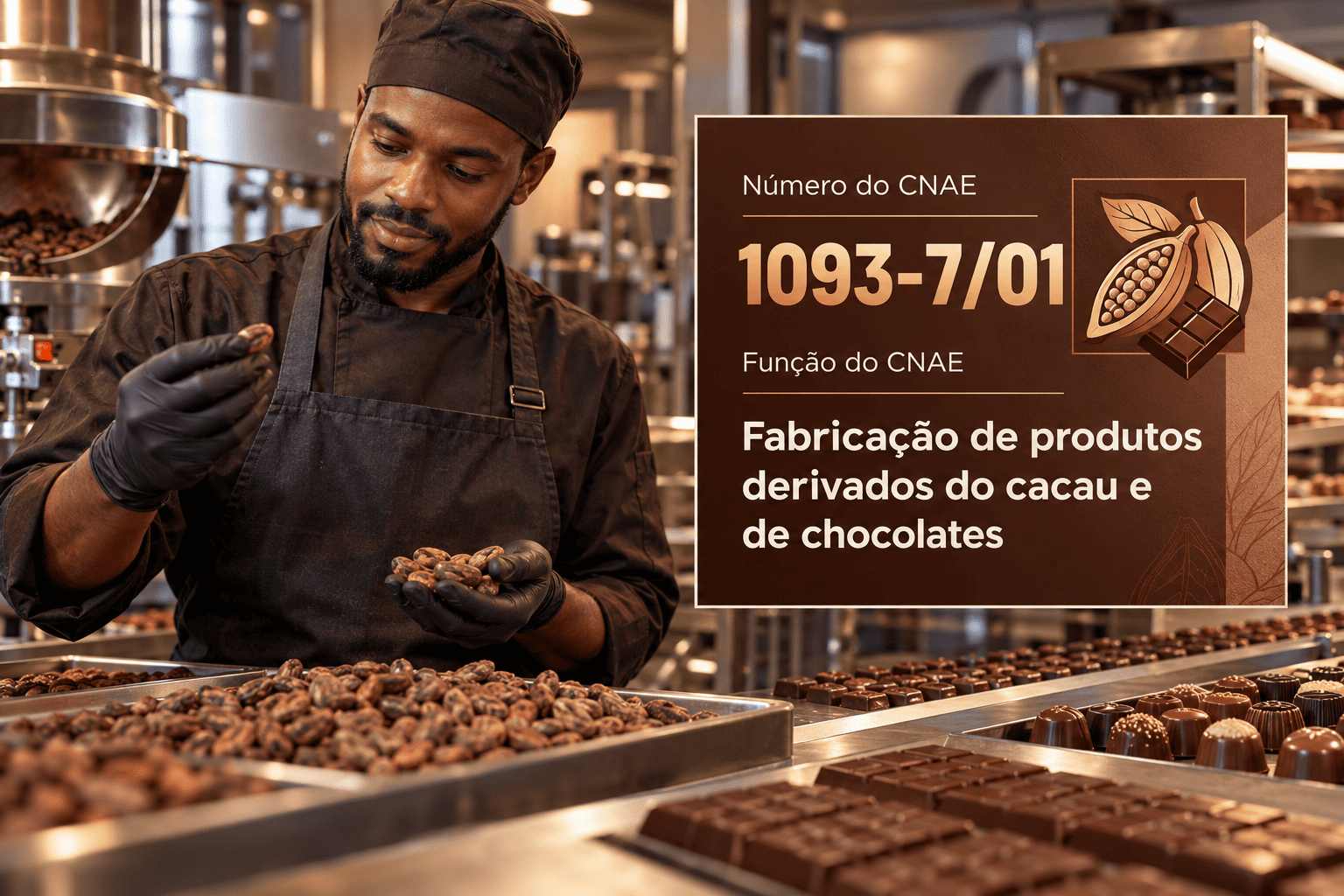 Bombons e barras de chocolate numa bancada de chocolateria, ilustrando o CNAE 1093-7/01