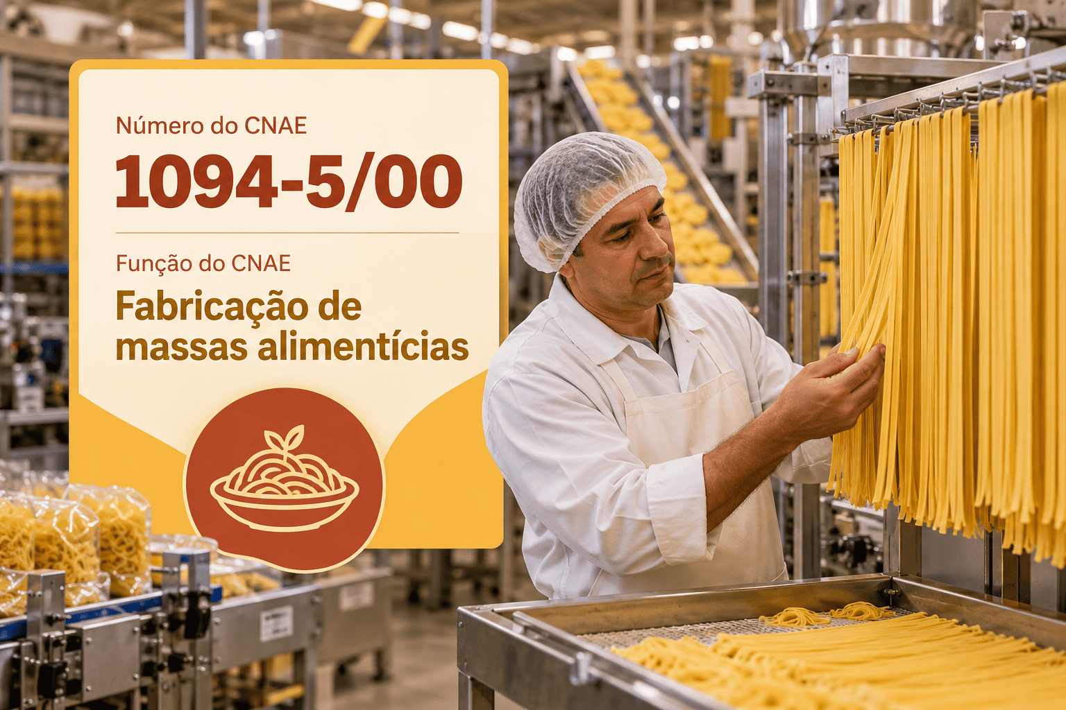 Massa fresca sendo cortada numa fábrica de massas, ilustrando o CNAE 1094-5/00