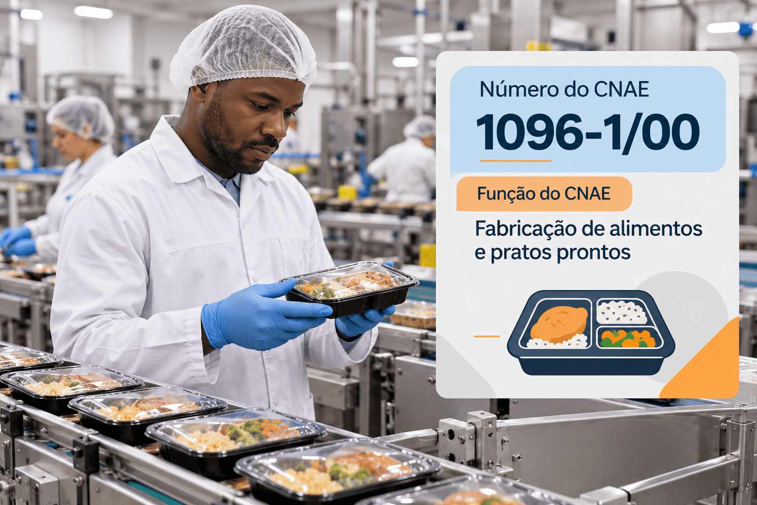 Marmitas congeladas sendo embaladas numa cozinha industrial, ilustrando o CNAE 1096-1/00