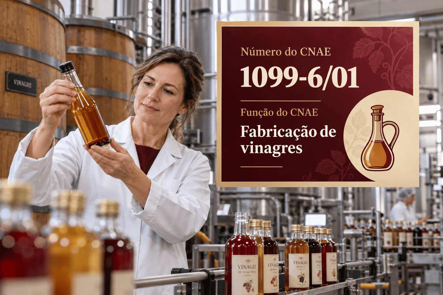 Garrafas de vinagre numa linha de envase, ilustrando o CNAE 1099-6/01