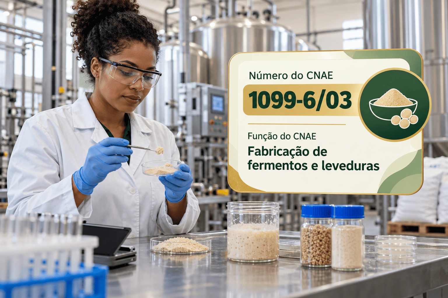 Tanques de fermentação numa fábrica de leveduras, ilustrando o CNAE 1099-6/03