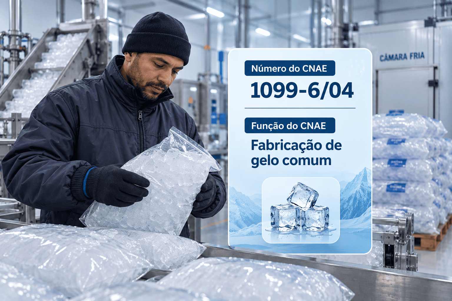 Sacos de gelo em cubo numa câmara fria de fábrica de gelo, ilustrando o CNAE 1099-6/04