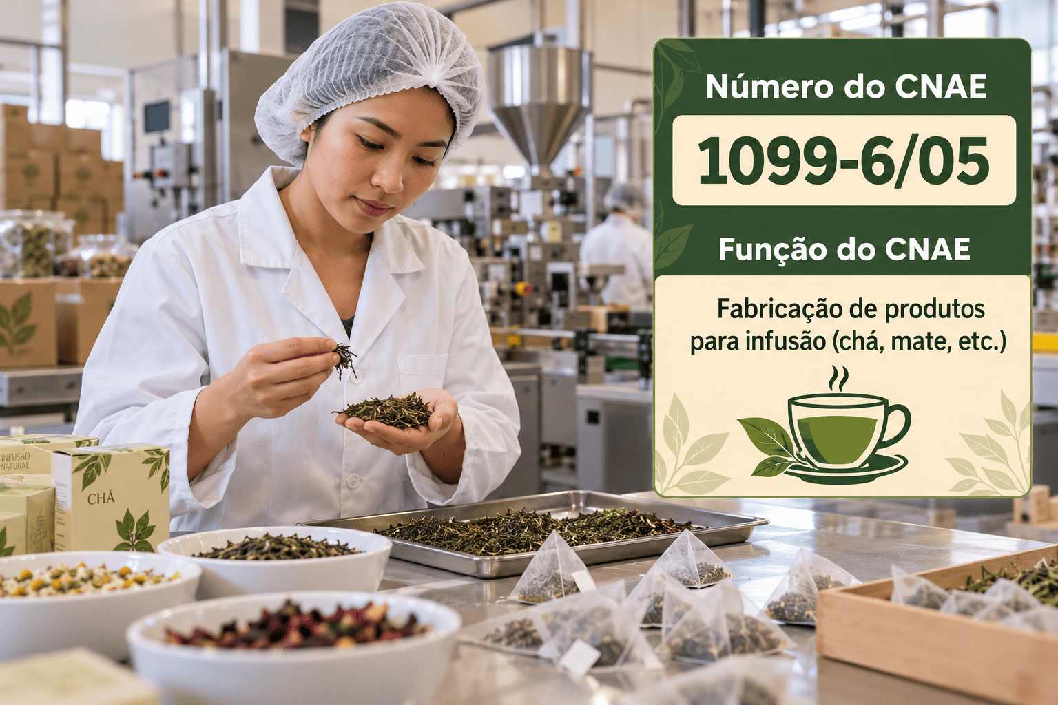 Pacotes de erva-mate e caixas de chá numa linha de envase, ilustrando o CNAE 1099-6/05