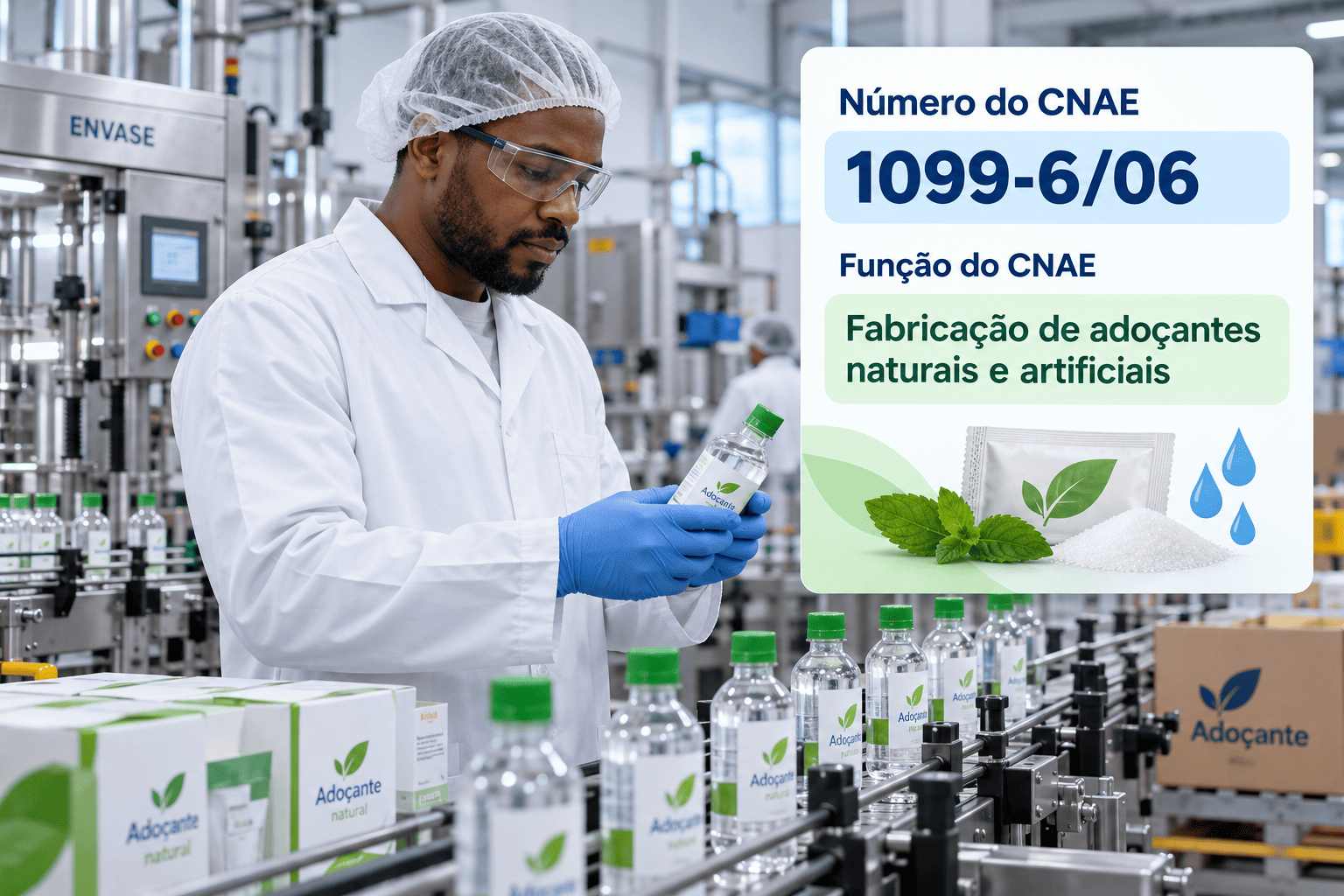 Frascos de adoçante líquido e sachês numa linha de envase, ilustrando o CNAE 1099-6/06
