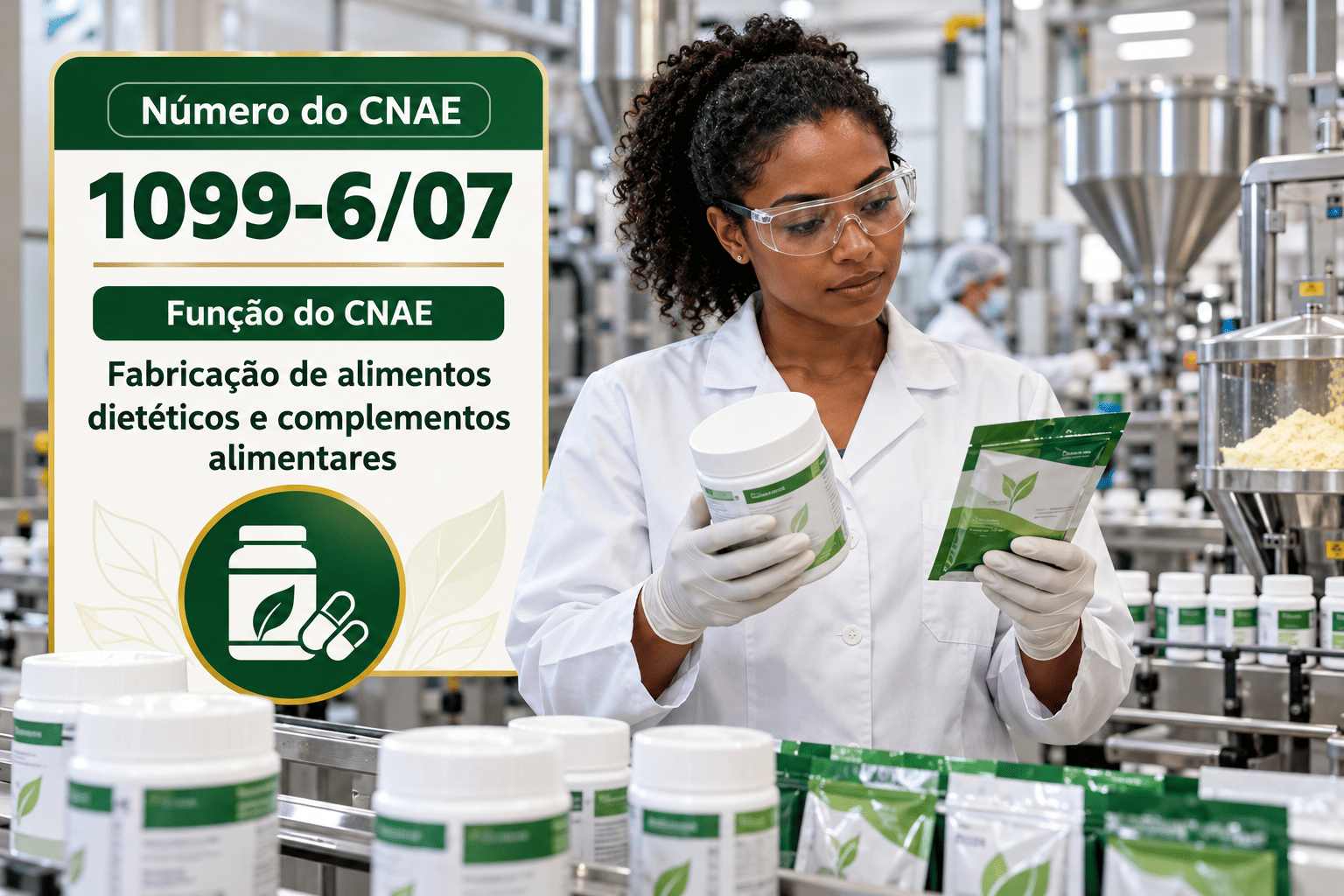 Potes de whey protein e cápsulas de vitaminas numa linha de envase, ilustrando o CNAE 1099-6/07