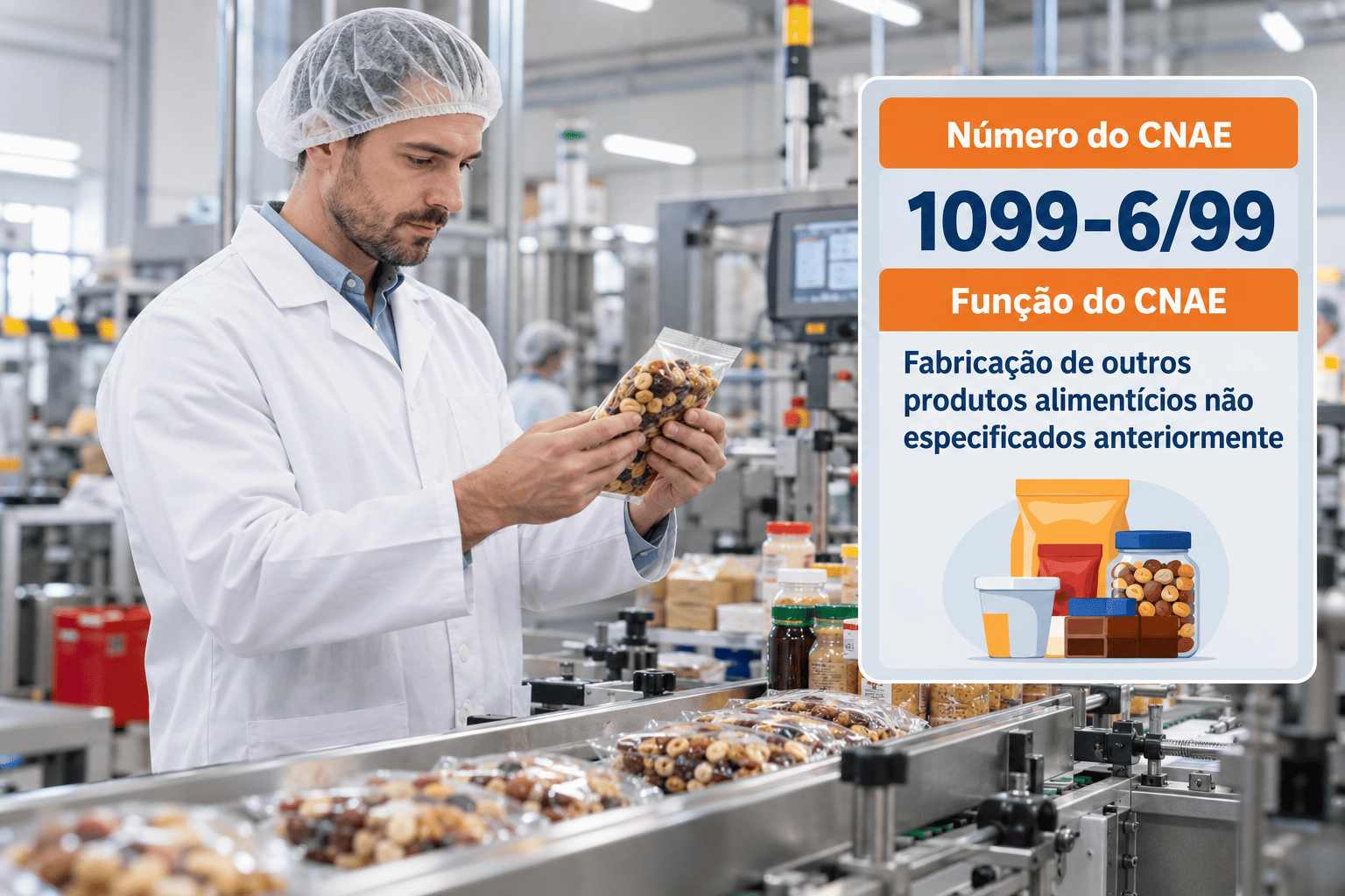 Caixas de bebida vegetal e pacotes de sopa numa linha de produção, ilustrando o CNAE 1099-6/99