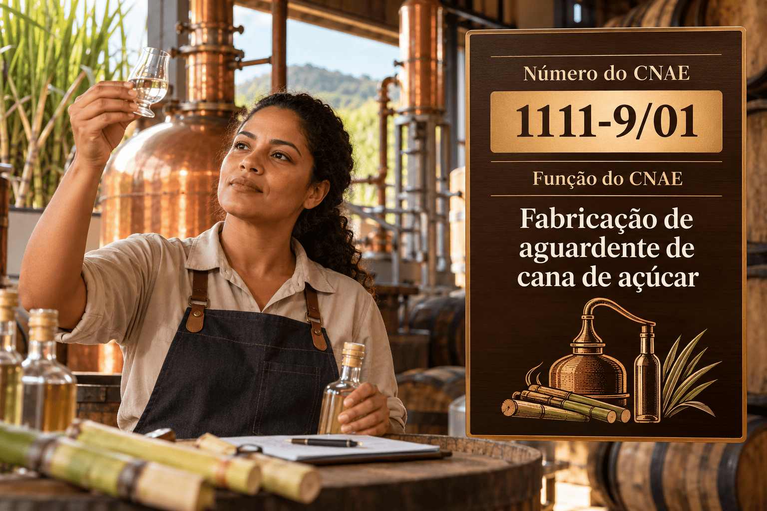 Alambique de cobre e barris de madeira numa produção de cachaça, ilustrando o CNAE 1111-9/01