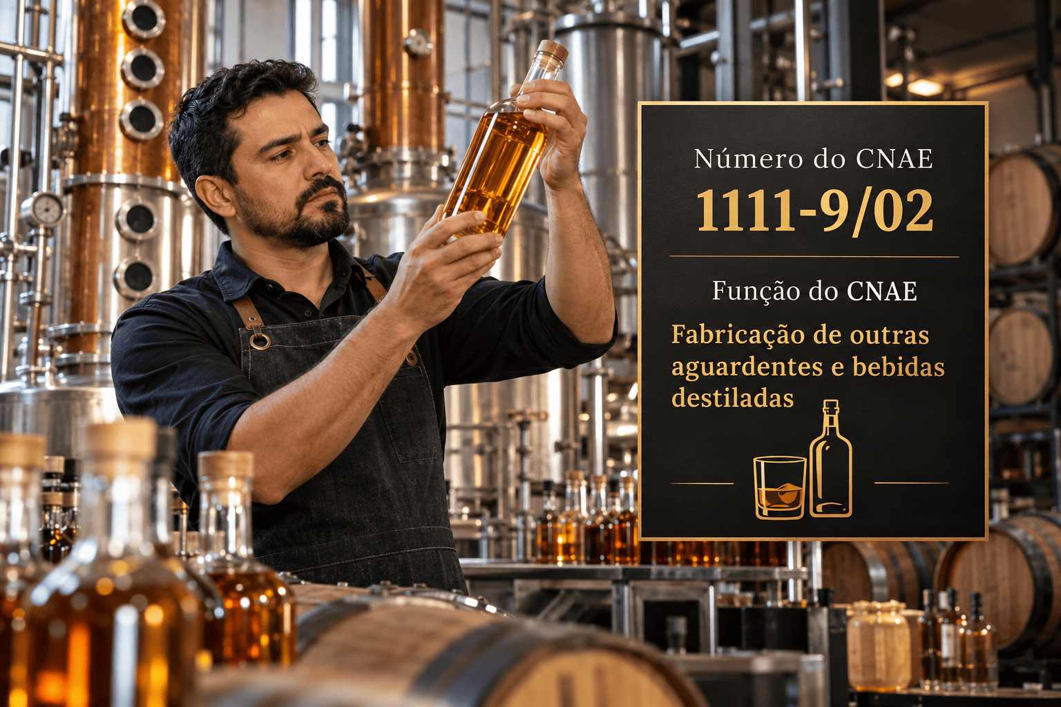 Alambique de destilaria de gin com garrafas e botânicos, ilustrando o CNAE 1111-9/02
