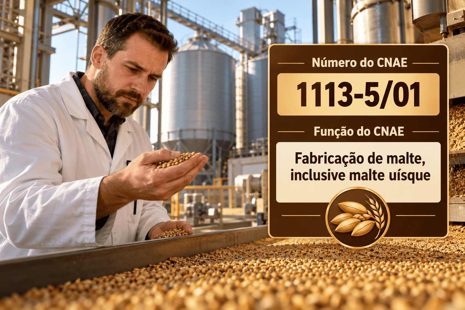 Grãos de cevada germinando numa maltaria, ilustrando o CNAE 1113-5/01