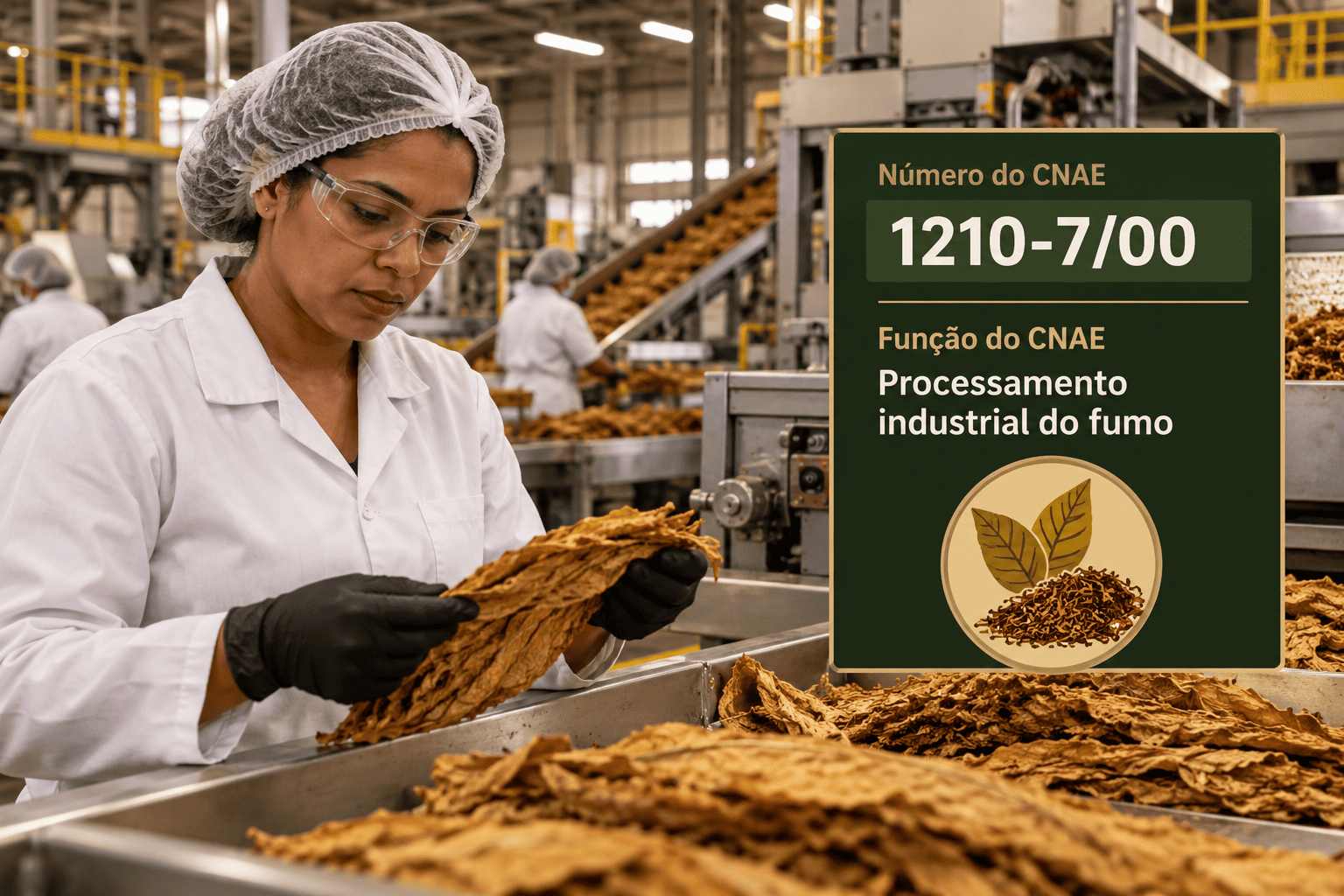 Fardos de tabaco em folha numa usina de processamento, ilustrando o CNAE 1210-7/00