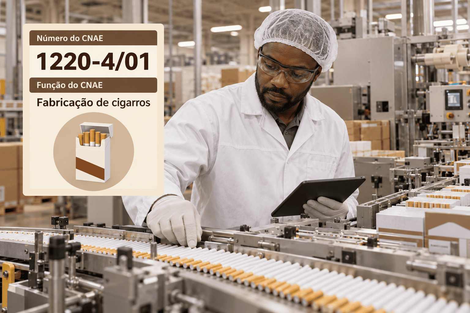 Linha industrial embalando maços de cigarros, ilustrando o CNAE 1220-4/01