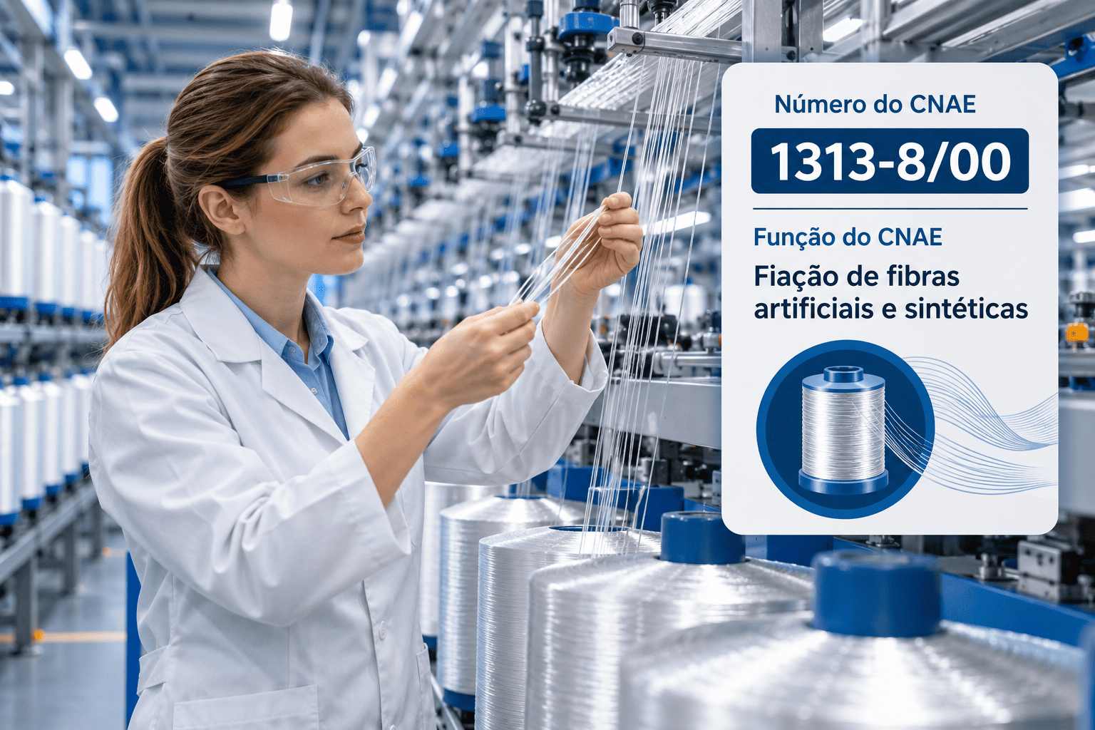 Cones de fio de poliéster numa fiação industrial, ilustrando o CNAE 1313-8/00