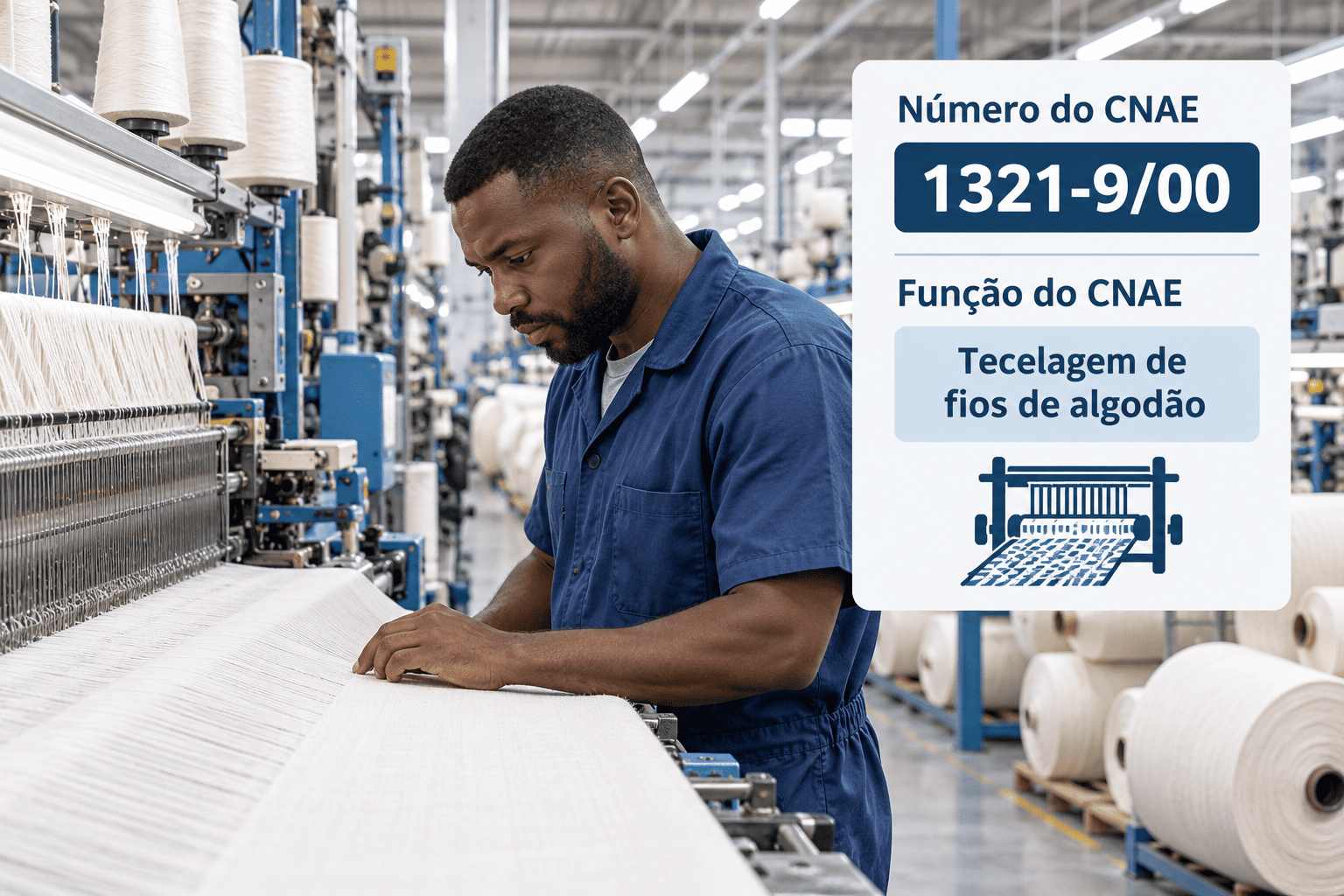 Tear industrial produzindo tecido de algodão, ilustrando o CNAE 1321-9/00