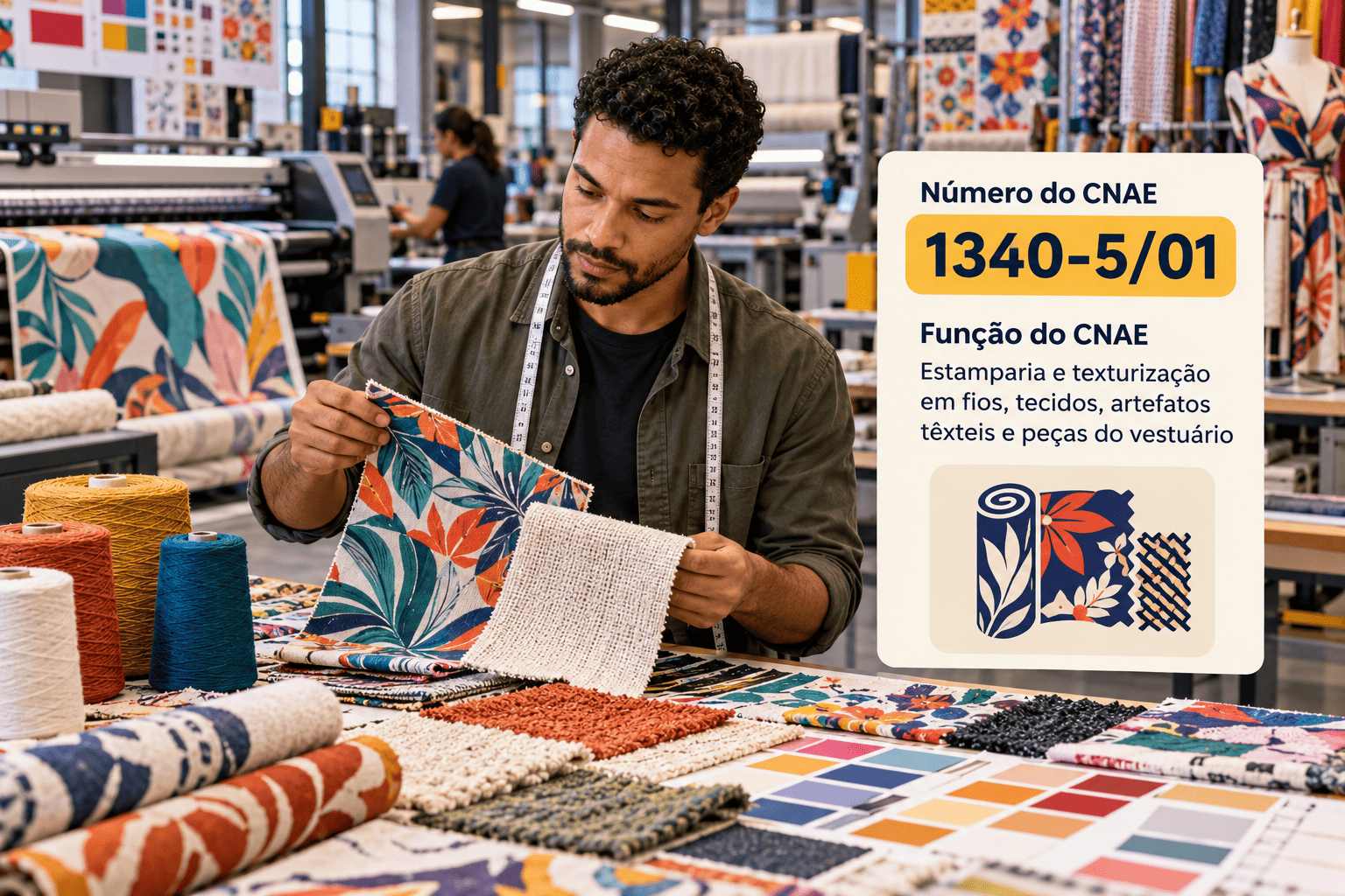 Estampador aplicando estampa em camisetas com tela de silk, ilustrando o CNAE 1340-5/01