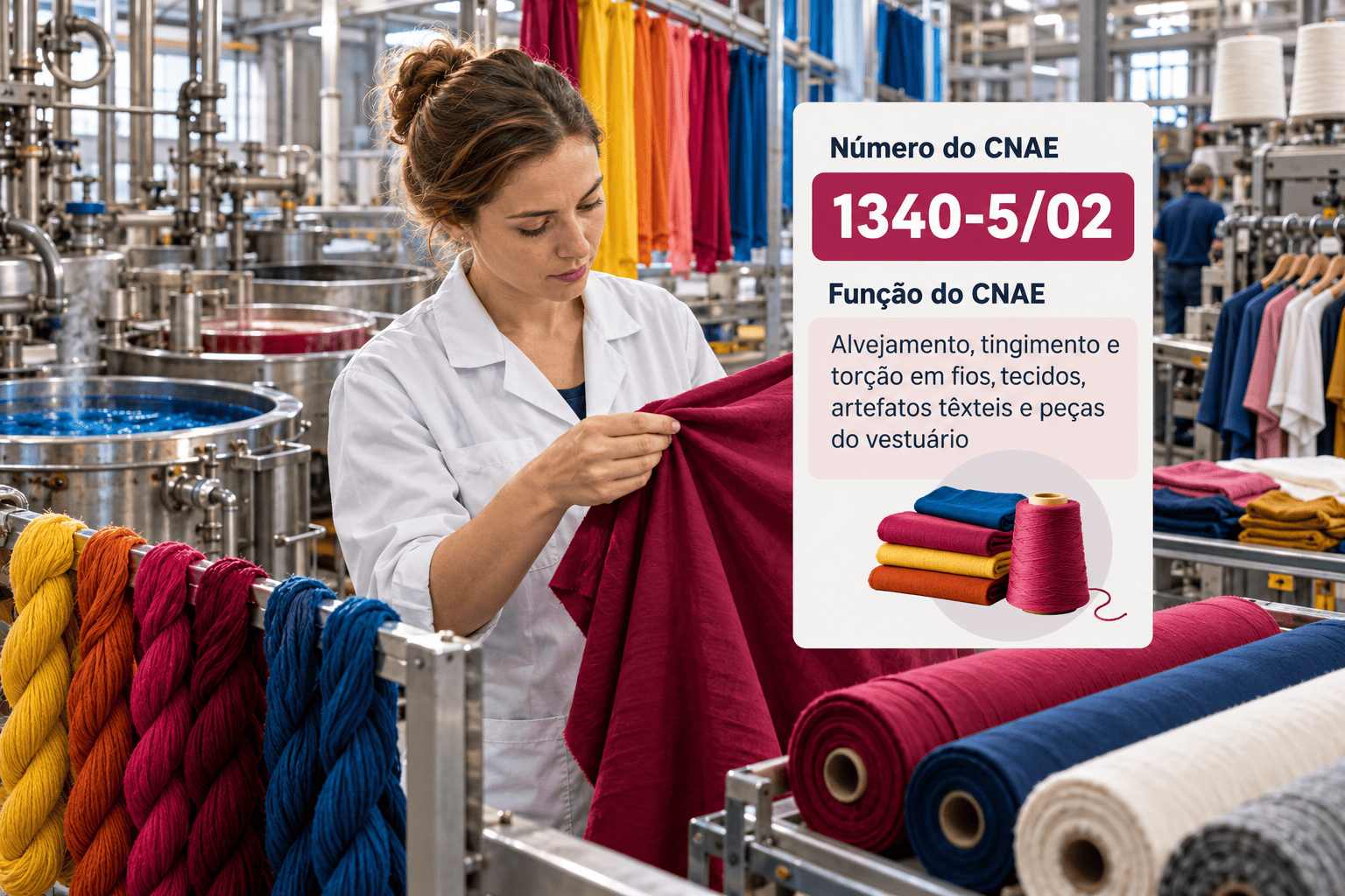Máquina industrial tingindo peças de jeans numa lavanderia, ilustrando o CNAE 1340-5/02