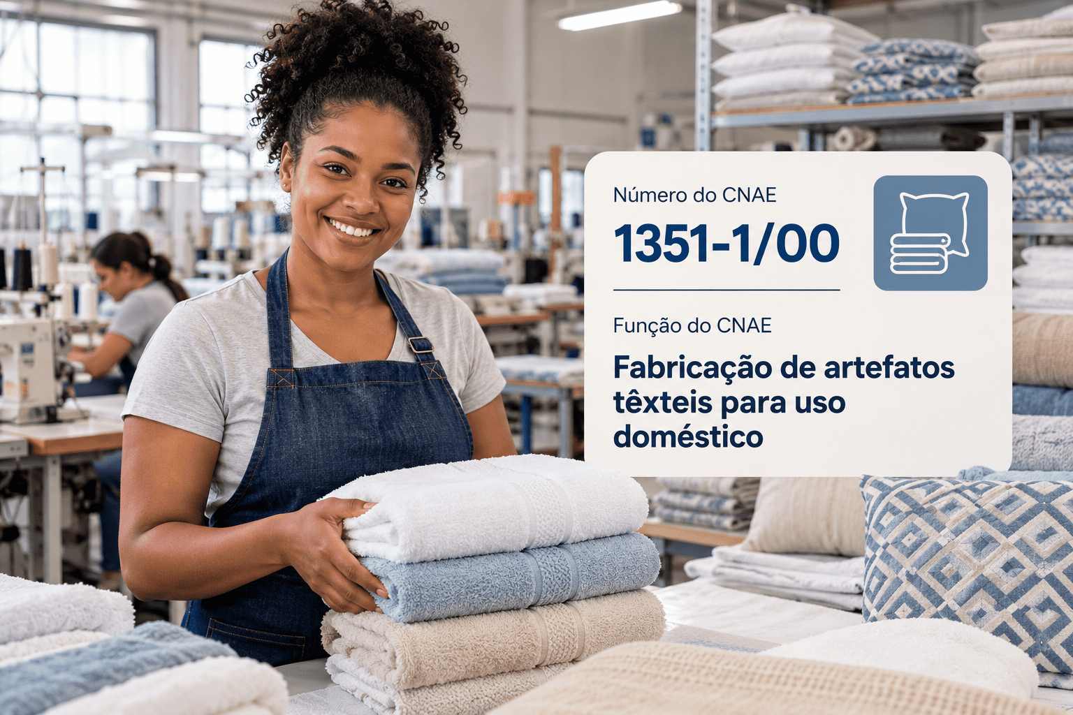 Pilha de toalhas e lençóis numa fábrica de enxoval, ilustrando o CNAE 1351-1/00
