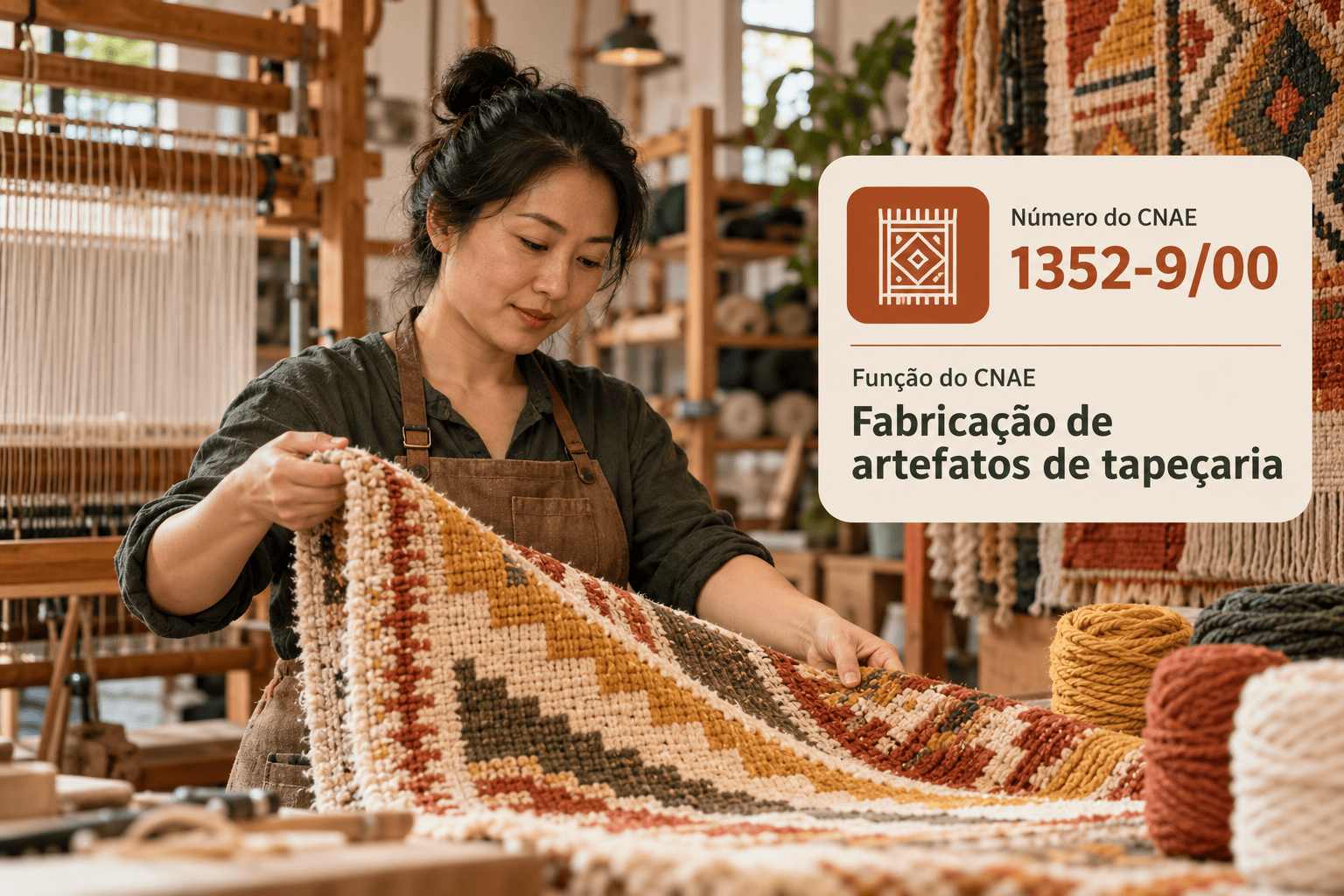 Rolos de carpete e tapetes numa fábrica, ilustrando o CNAE 1352-9/00