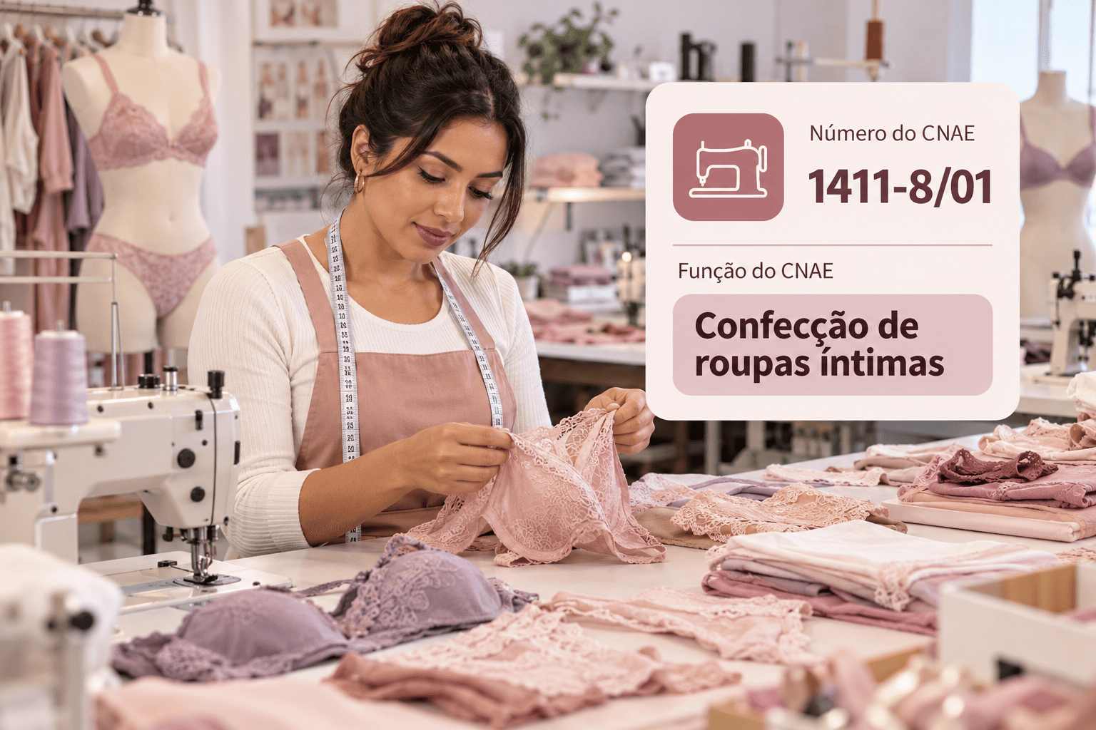 Peças de lingerie sendo costuradas numa confecção, ilustrando o CNAE 1411-8/01