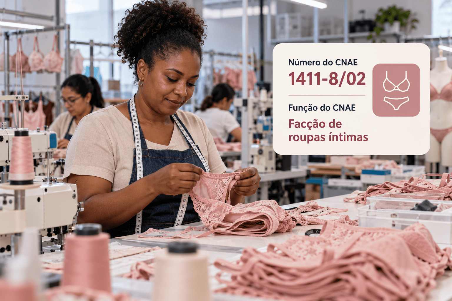 Costureiras numa facção montando peças de lingerie, ilustrando o CNAE 1411-8/02