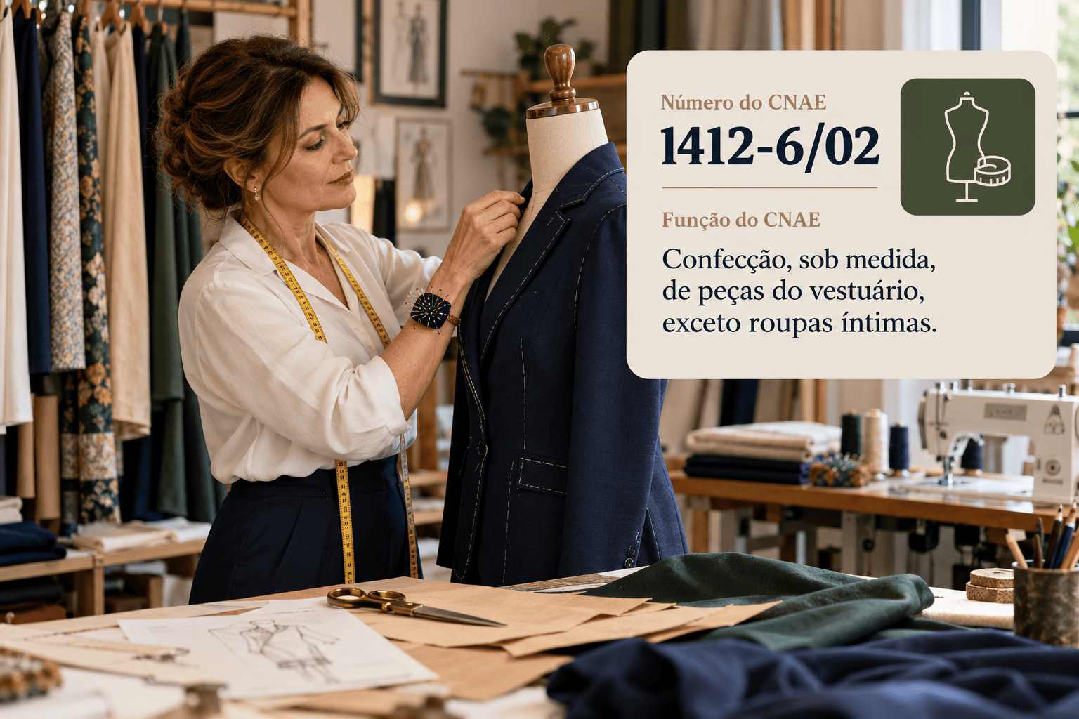 Alfaiate tirando medidas de um cliente num ateliê, ilustrando o CNAE 1412-6/02