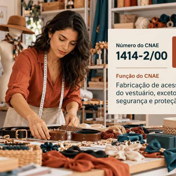 Bonés e cintos numa pequena fábrica de acessórios, ilustrando o CNAE 1414-2/00
