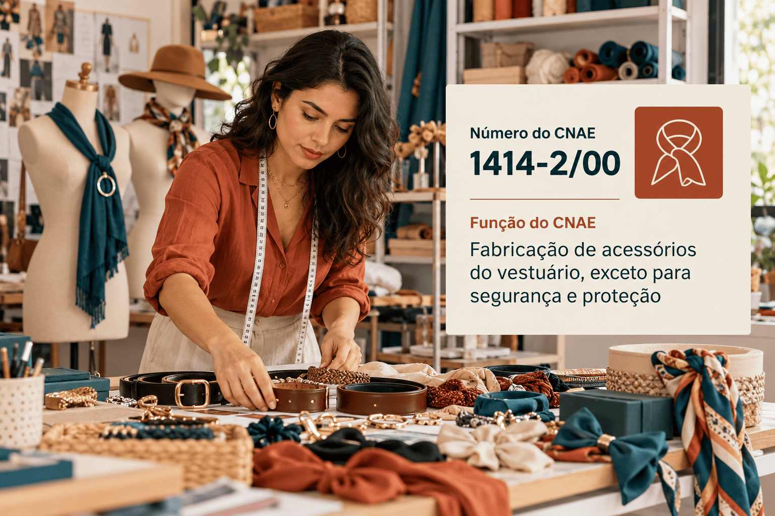 Bonés e cintos numa pequena fábrica de acessórios, ilustrando o CNAE 1414-2/00
