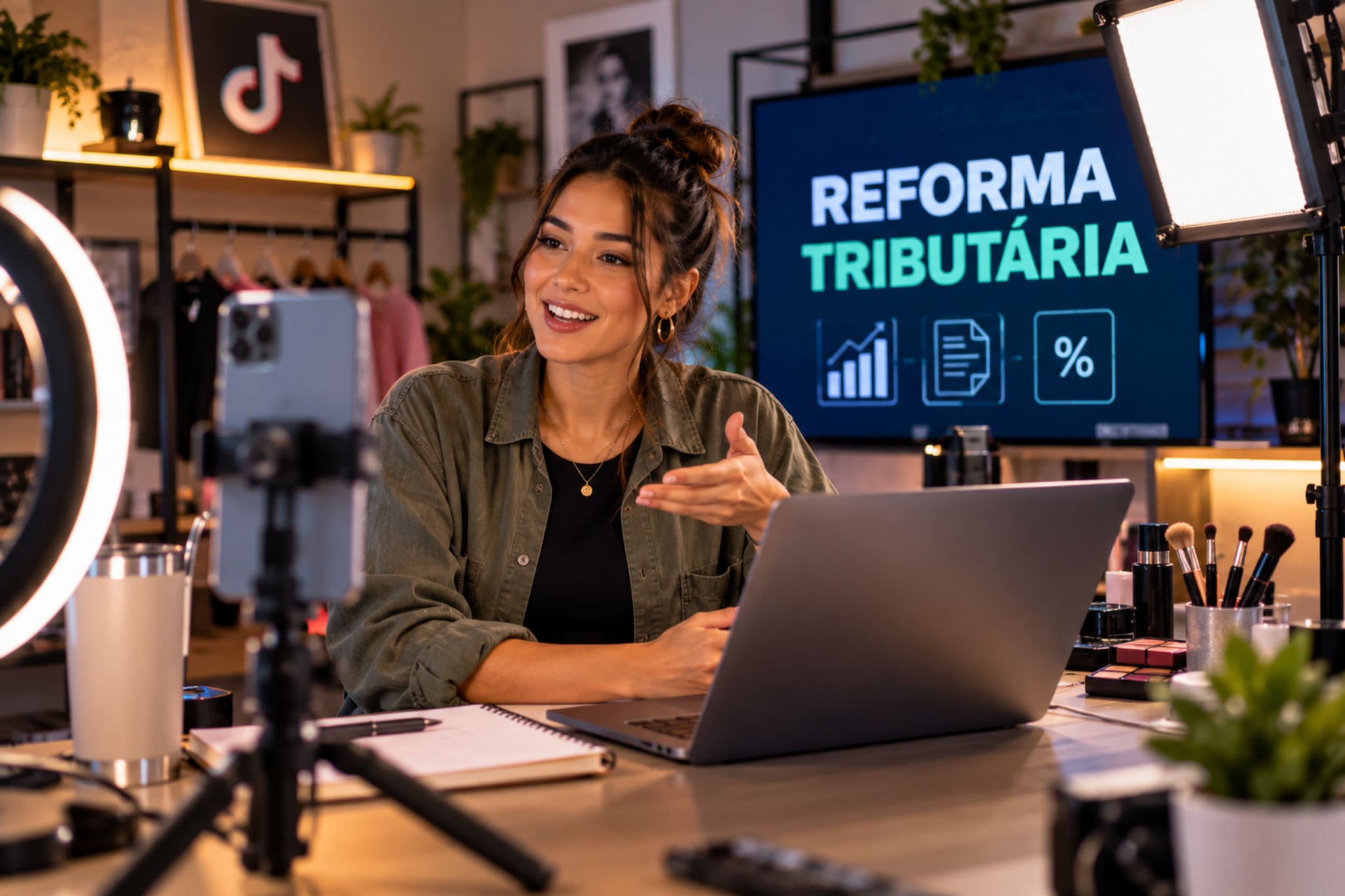 Reforma tributária para tiktokers: criador de conteúdo gravando vídeo com nota fiscal