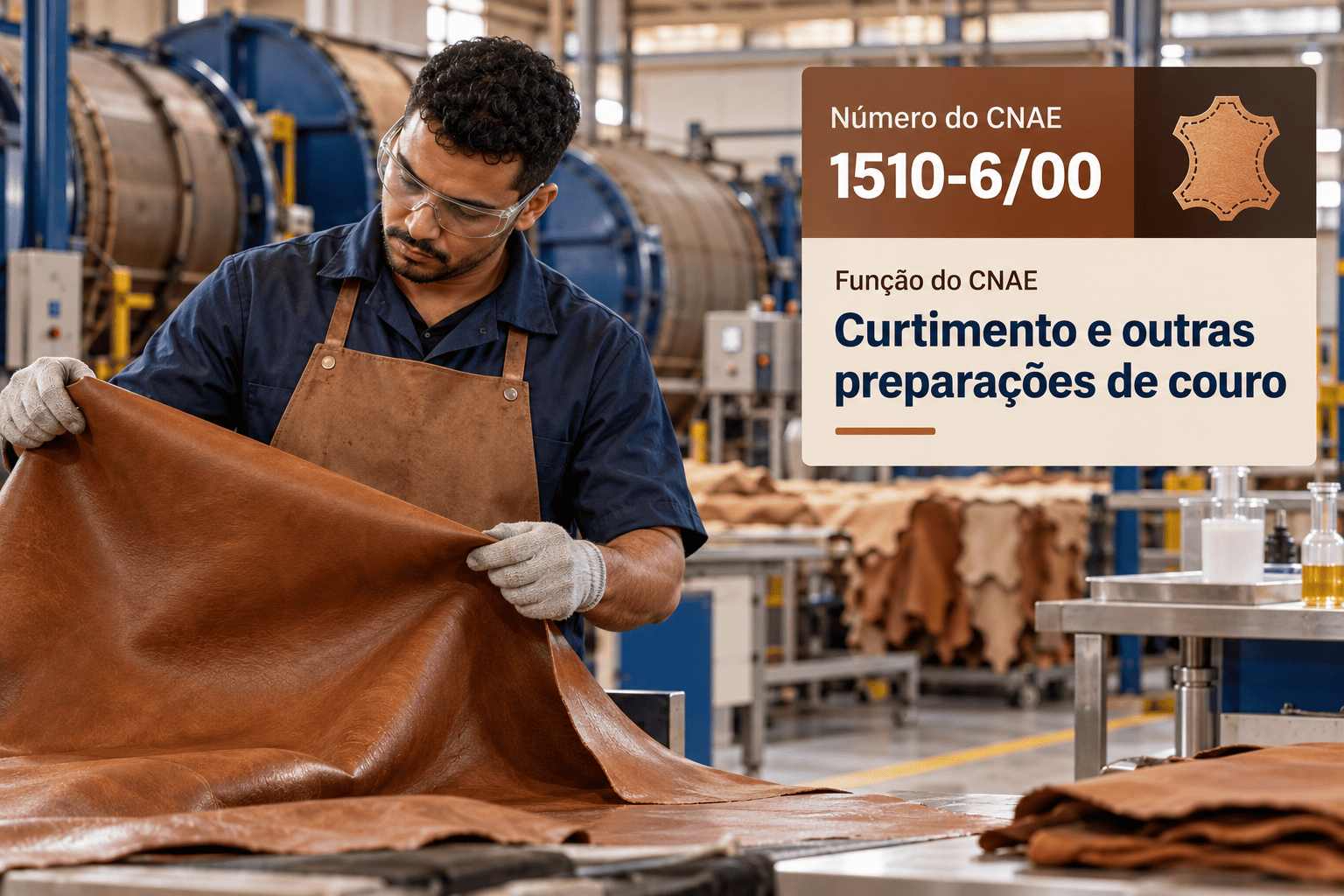 Couros curtidos empilhados num curtume, ilustrando o CNAE 1510-6/00
